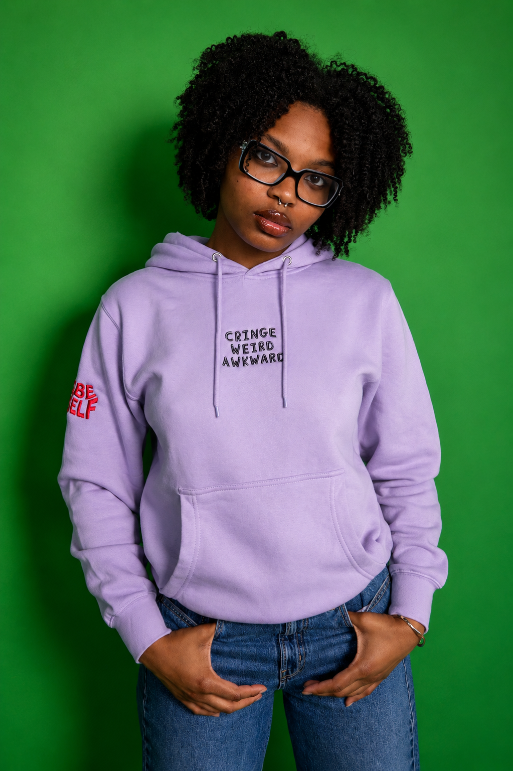 Embroidered Cringe Weird Awkward Hoodie - Lilac